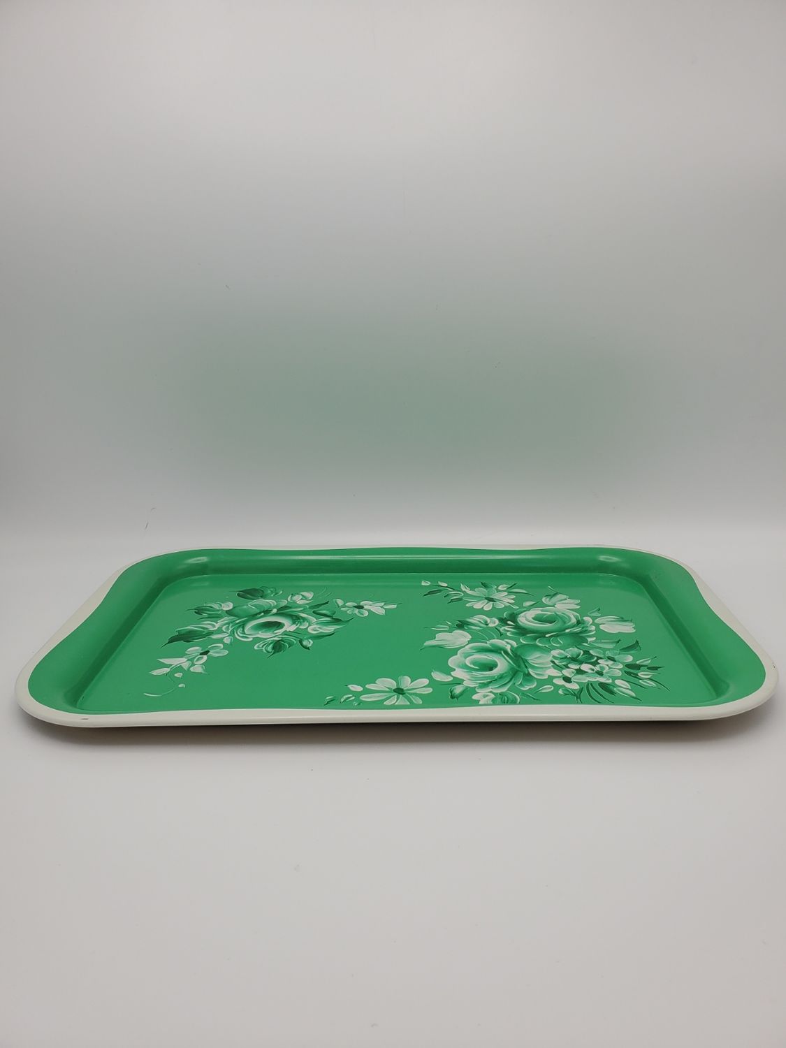 Green Floral Metal Serving Tray, Set 7