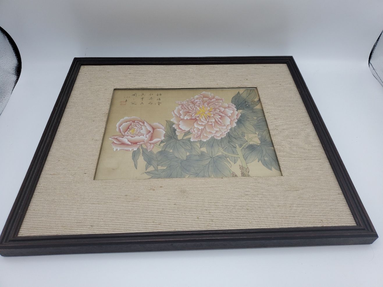 Pink Peonies Calligraphy Framed Painting
