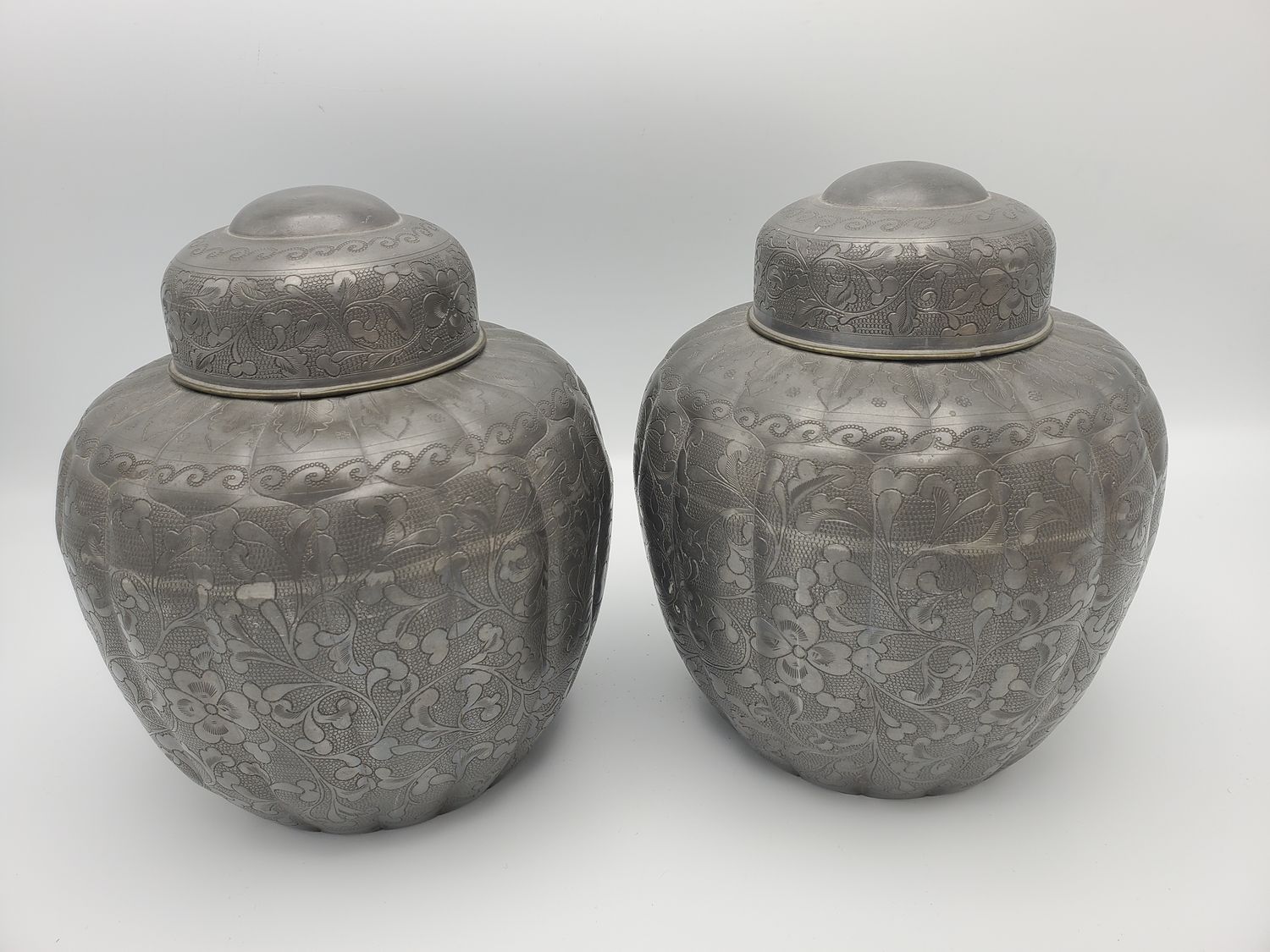 Grey Floral Chinese Vintage Pewter Tea Caddies