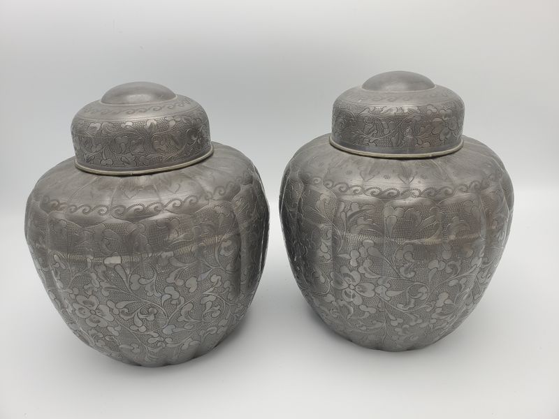 Grey Floral Chinese Vintage Pewter Tea Caddies