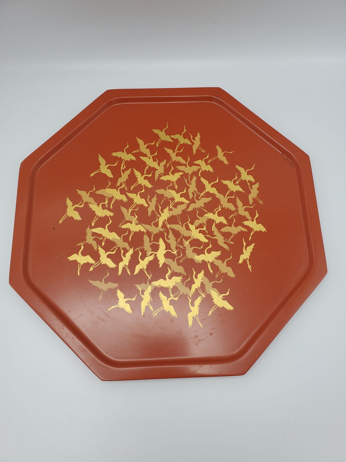 Octogonal Lacquer Vintage Crane Serving Tray
