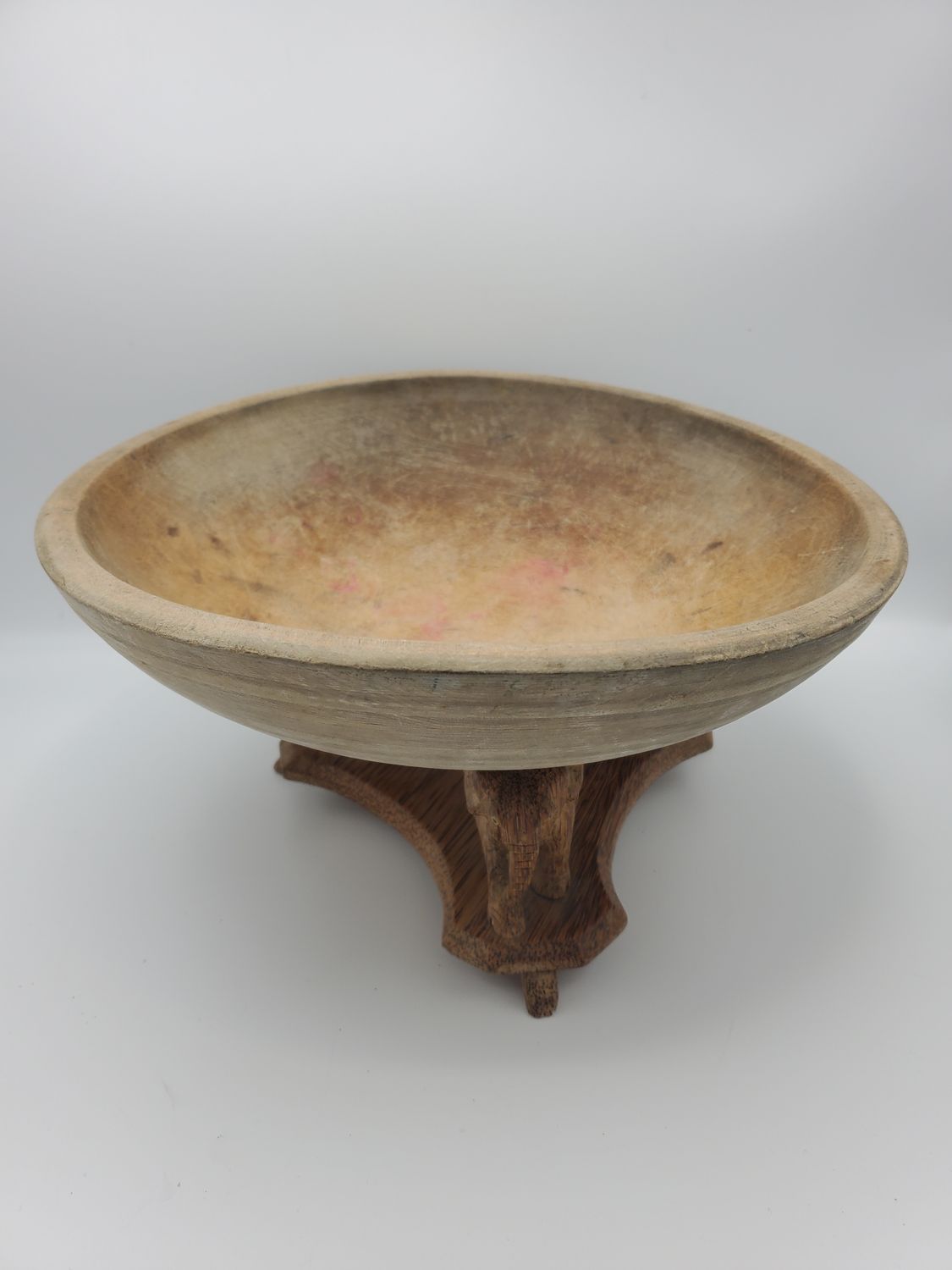 Antique Hand-Carved Wooden Bowl with Elephant Stand