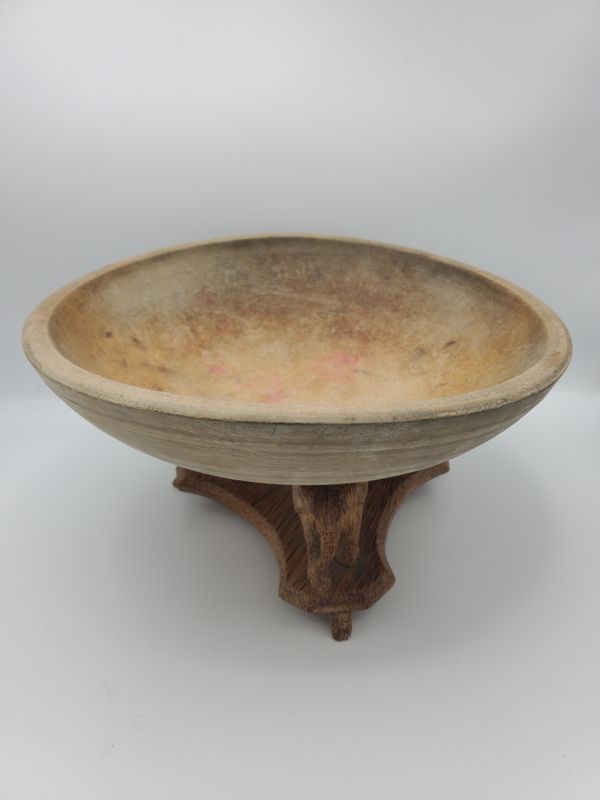 Antique Hand-Carved Wooden Bowl with Elephant Stand