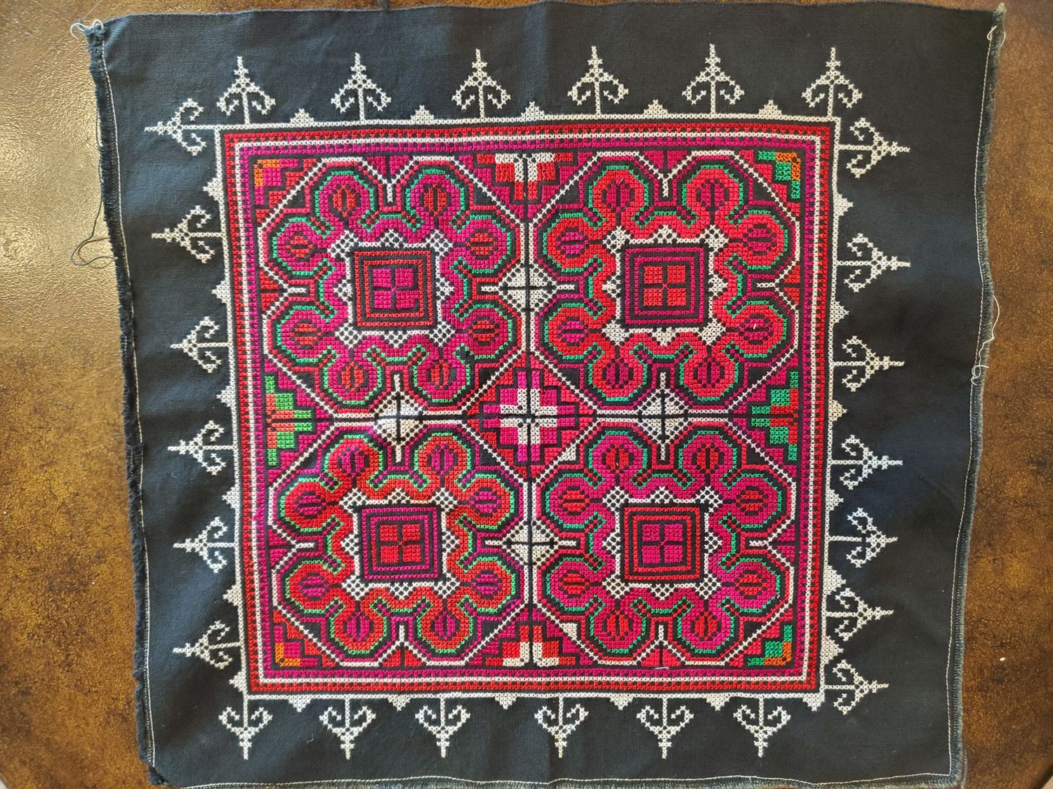 Hand Stitched Hmong-Style Textile, green 15x13