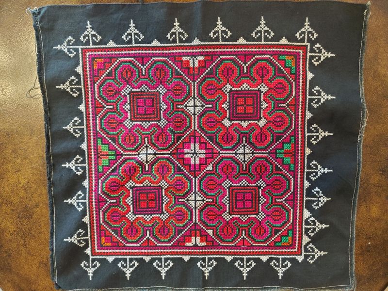 Hand Stitched Hmong-Style Textile, green 15x13