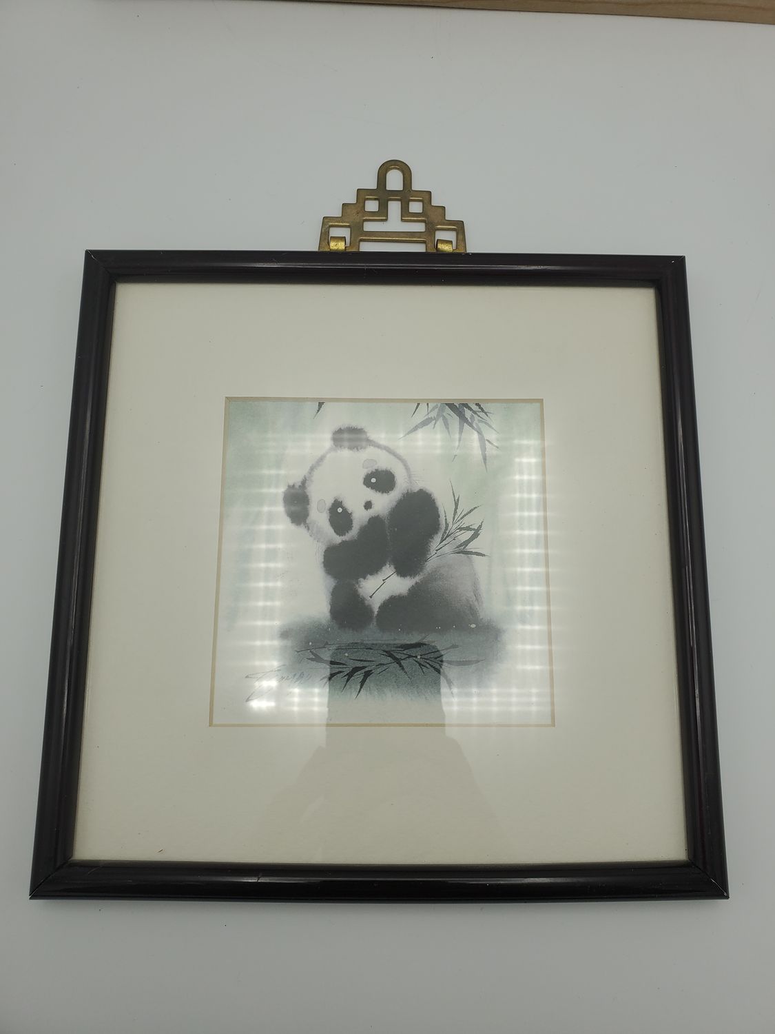 Leaning Left Panda Vintage Ink Wash Painting Framed