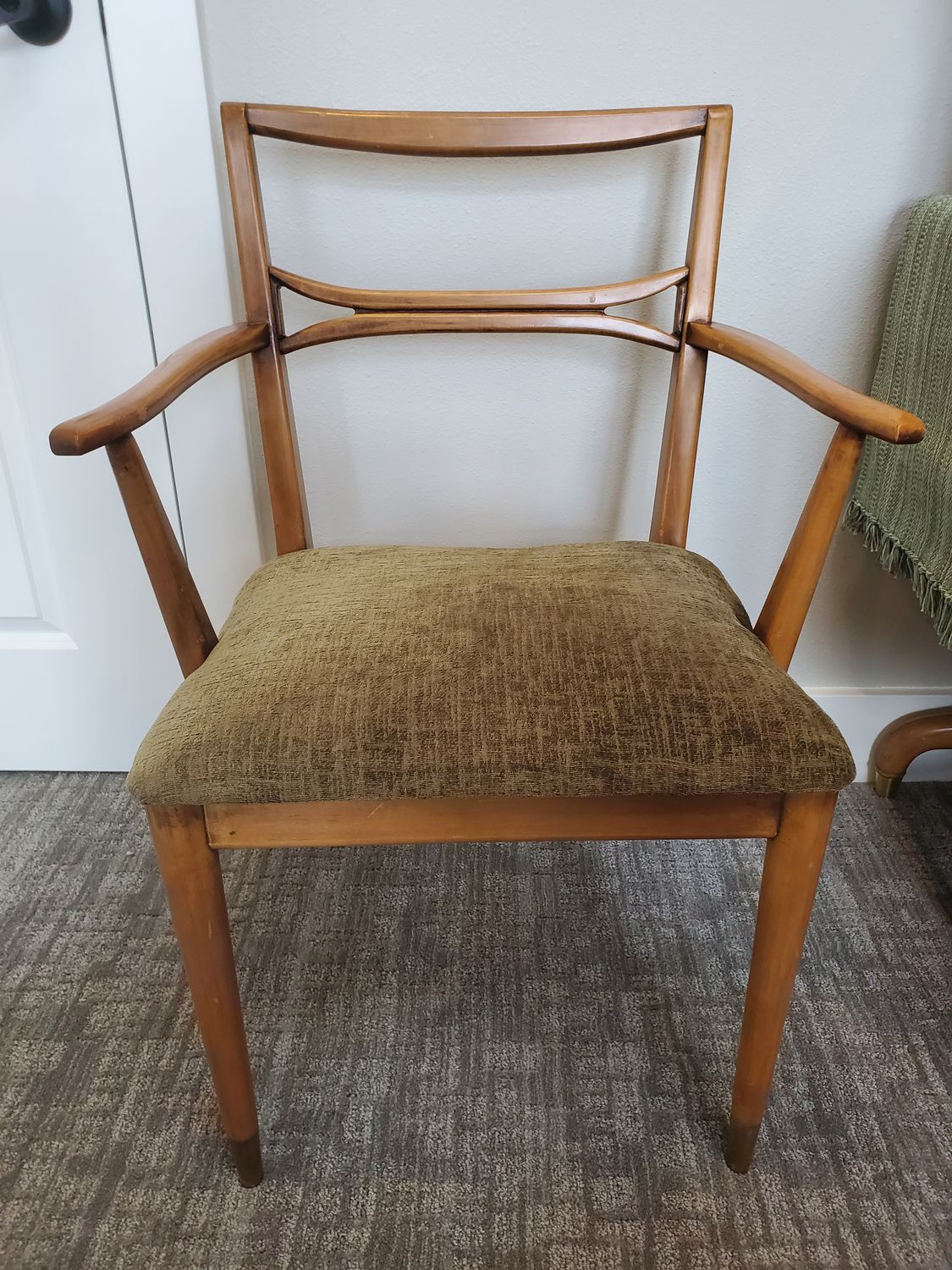 Vintage Mid-Century Modern Armchair, Brass Capped Legs, Sculpted Frame
