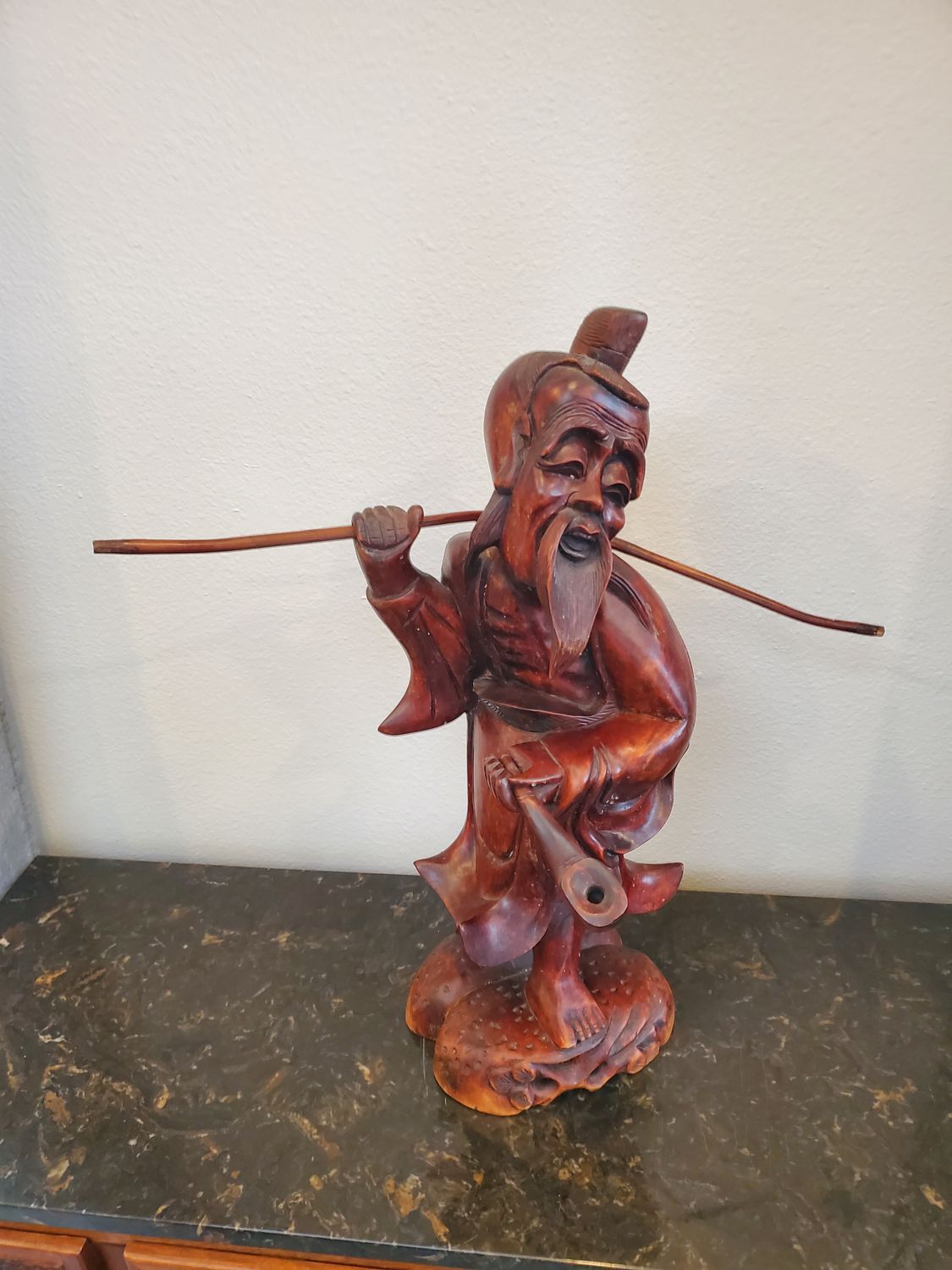 Fisherman Handcarved with Pipe &amp; Pole