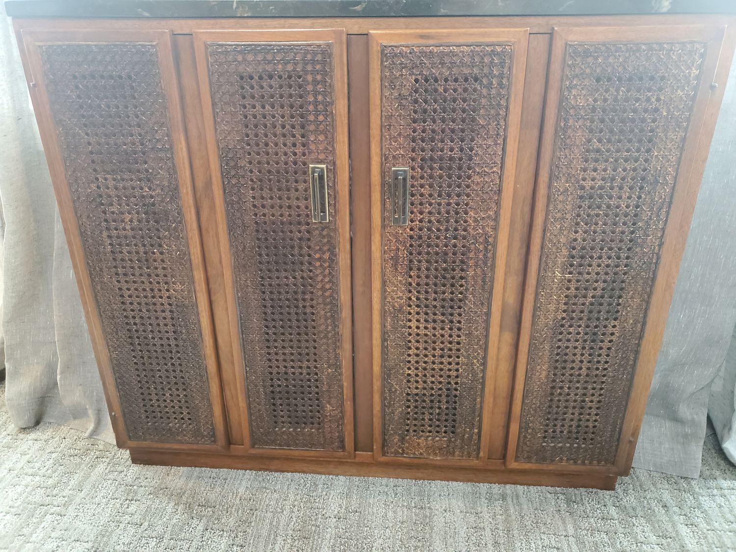 Vintage Cane Front Cabinet with Black Marble Top