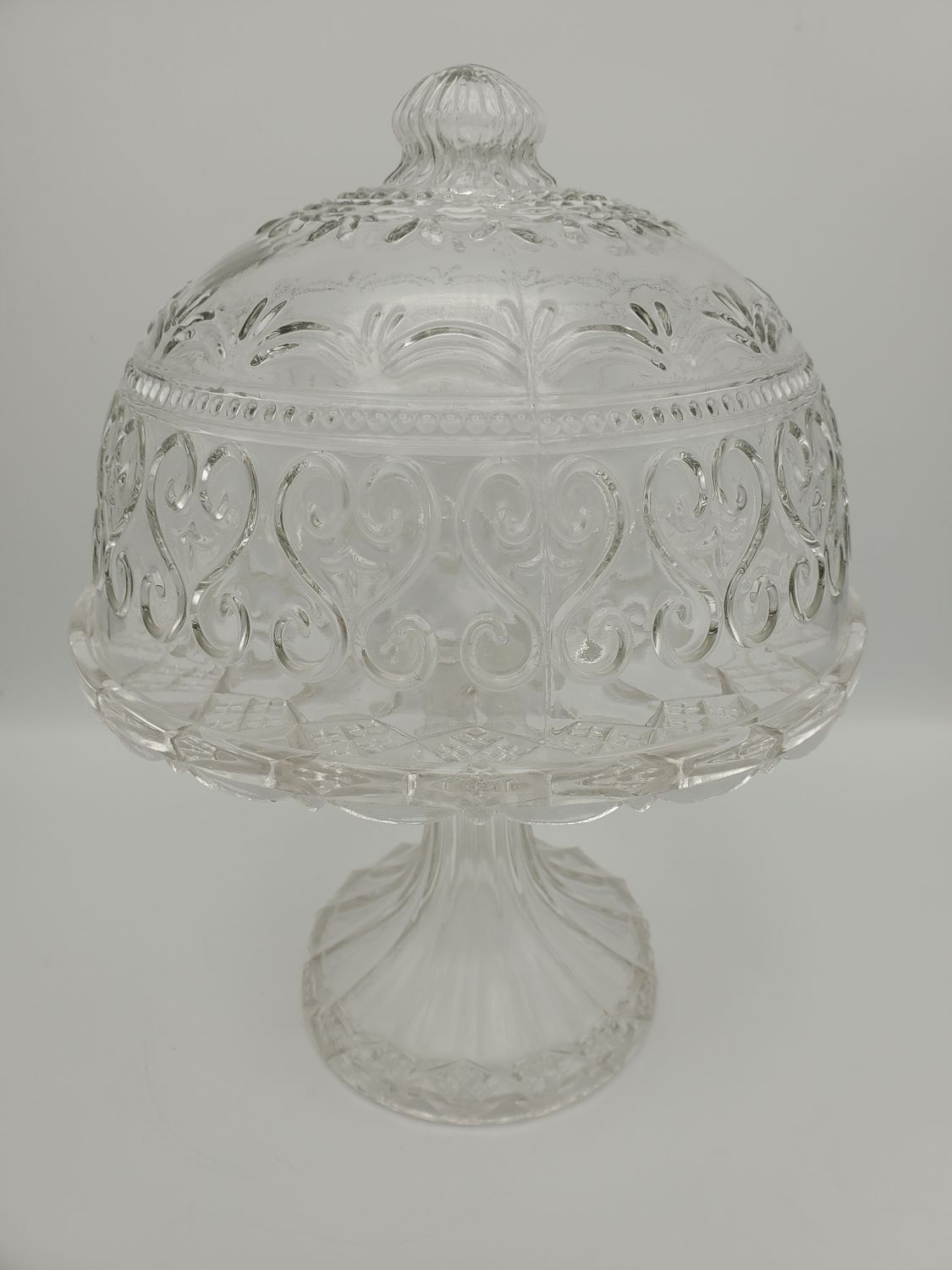 Vintage Pressed Glass Pedestal Cake Stand with Dome Lid
