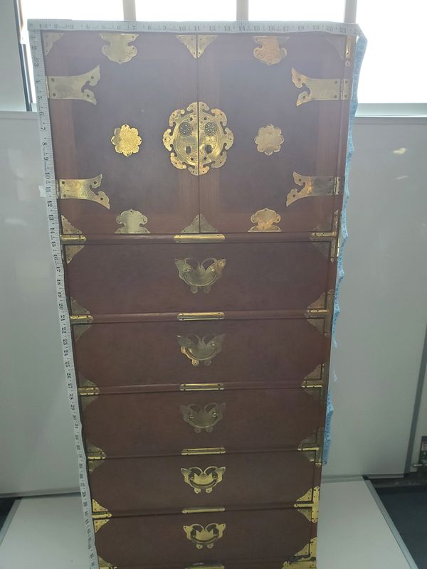 Vintage Tansu Korean Brass-Trimmed Burlwood Tall Dresser Cabinet