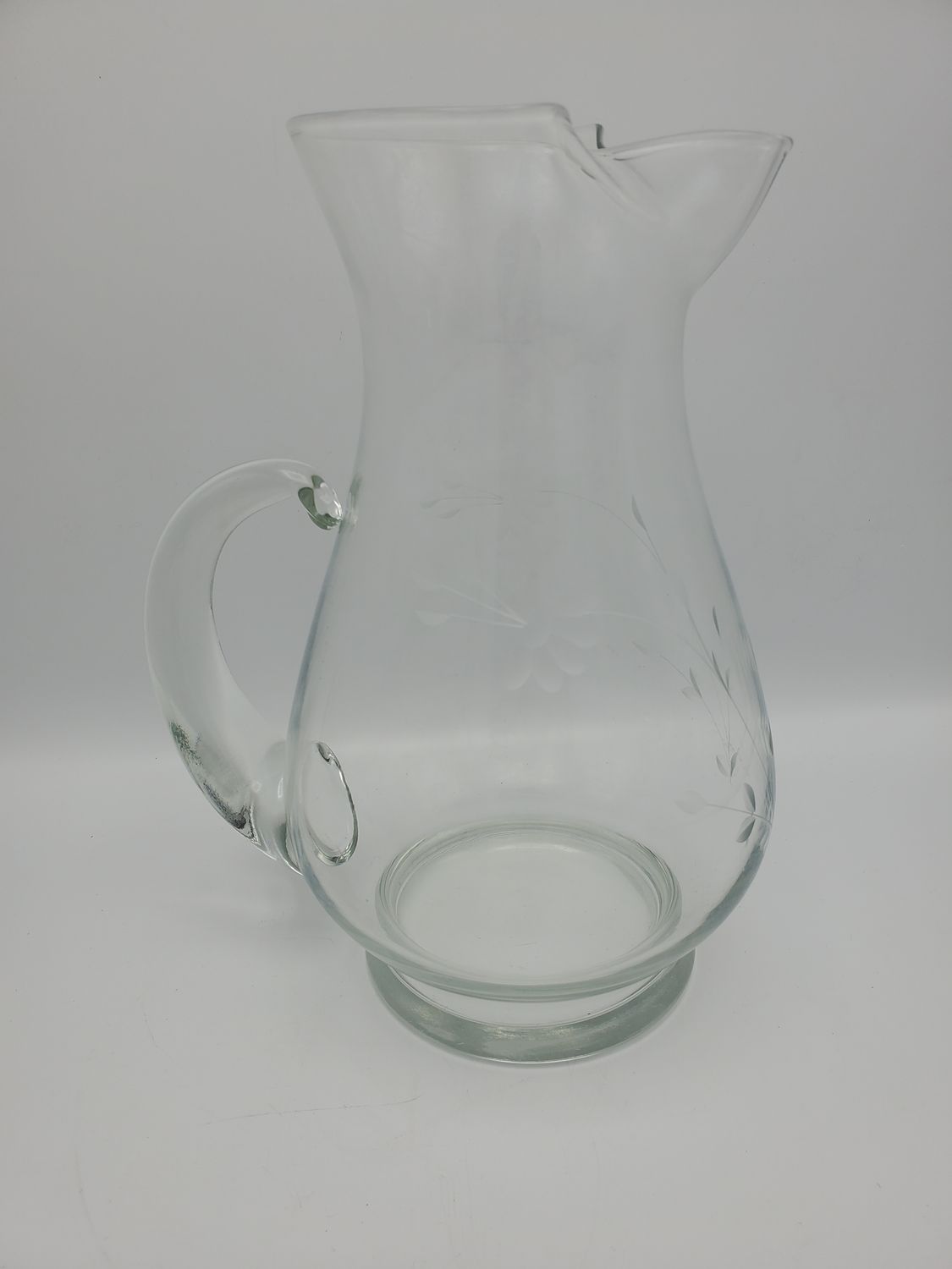 Hand-Blown Clear Glass Floral-Etched Pitcher