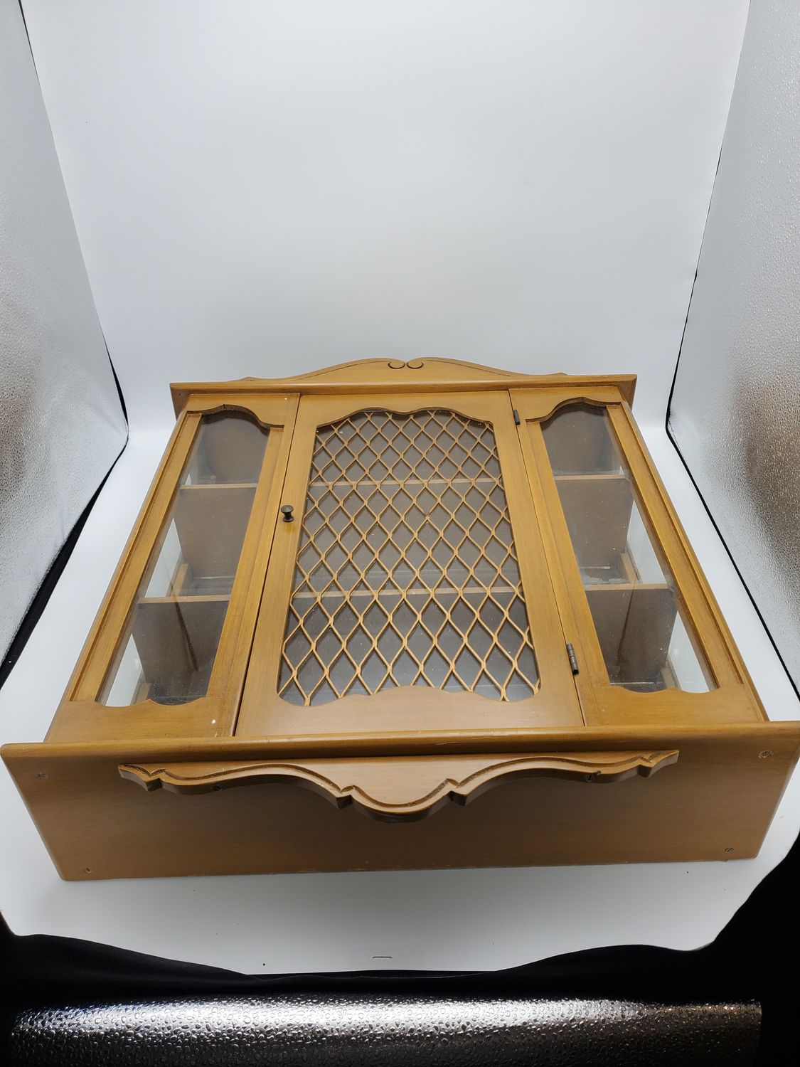 Vintage Glass &amp; Diamond Lattice Wall-Mounted Curio Cabinet