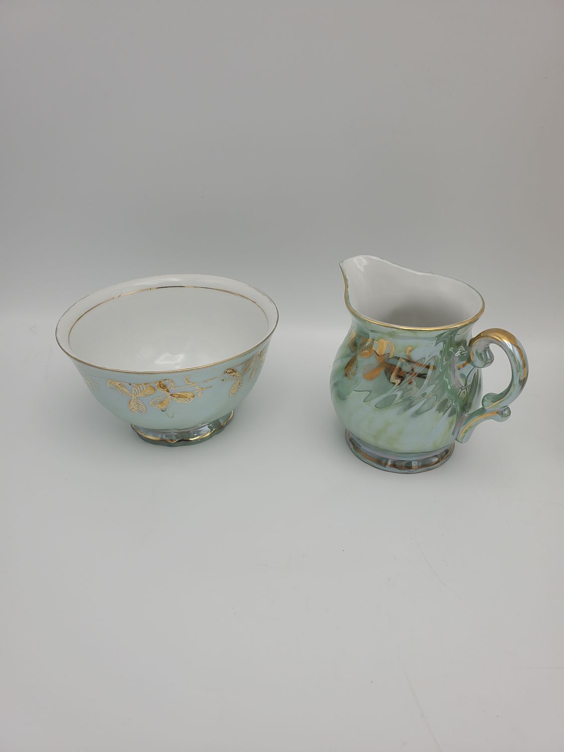 Green Lusterware Cream &amp; Sugar Bowl