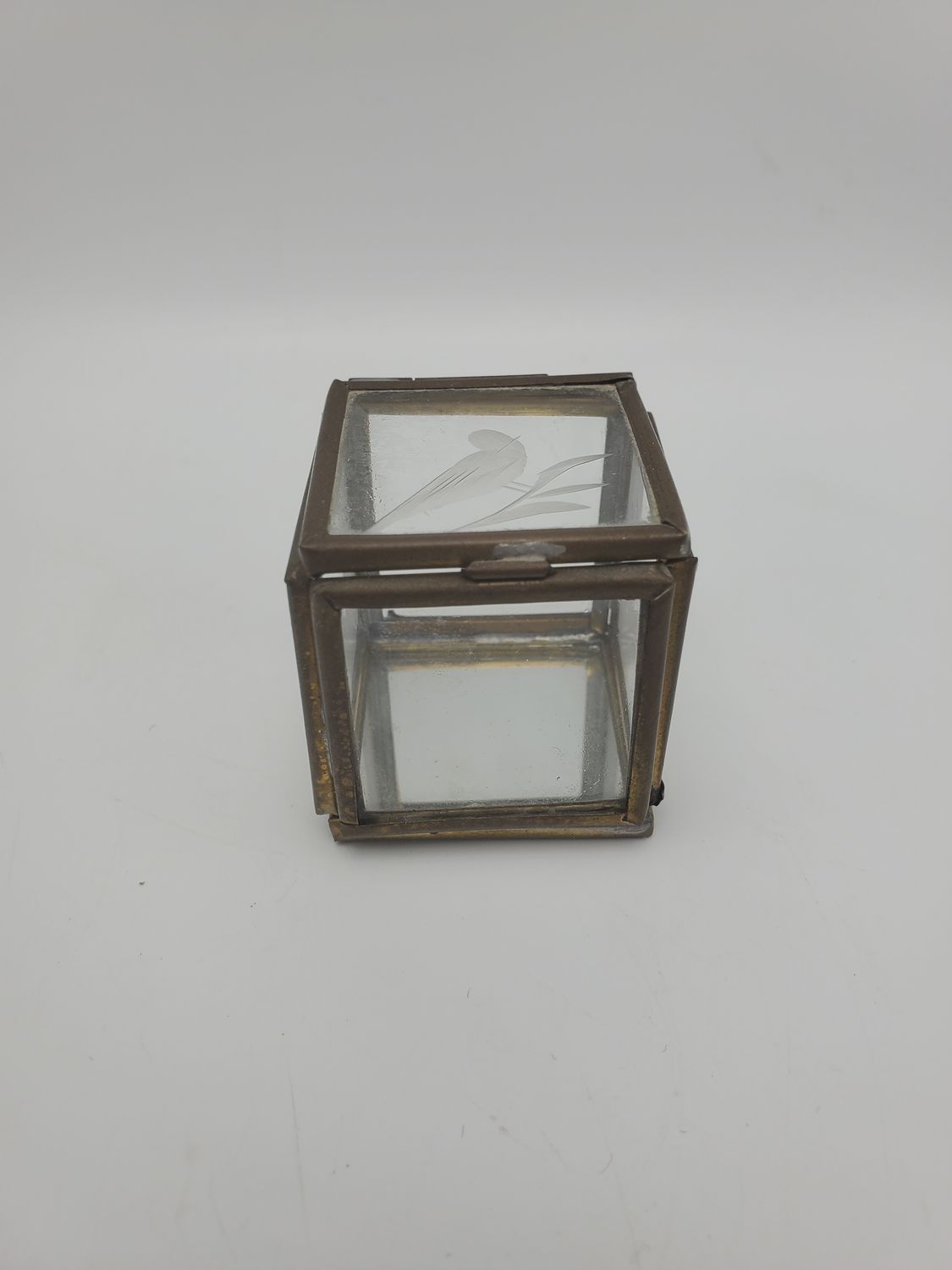 Vintage Etched Glass &amp; Brass Cube Trinket Box