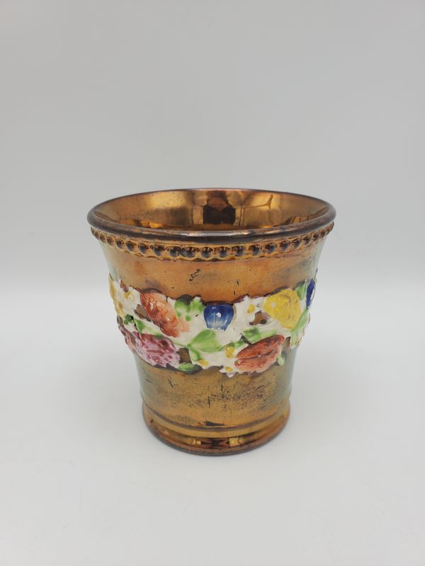 Antique Copper Lusterware Raised Floral Band Cup