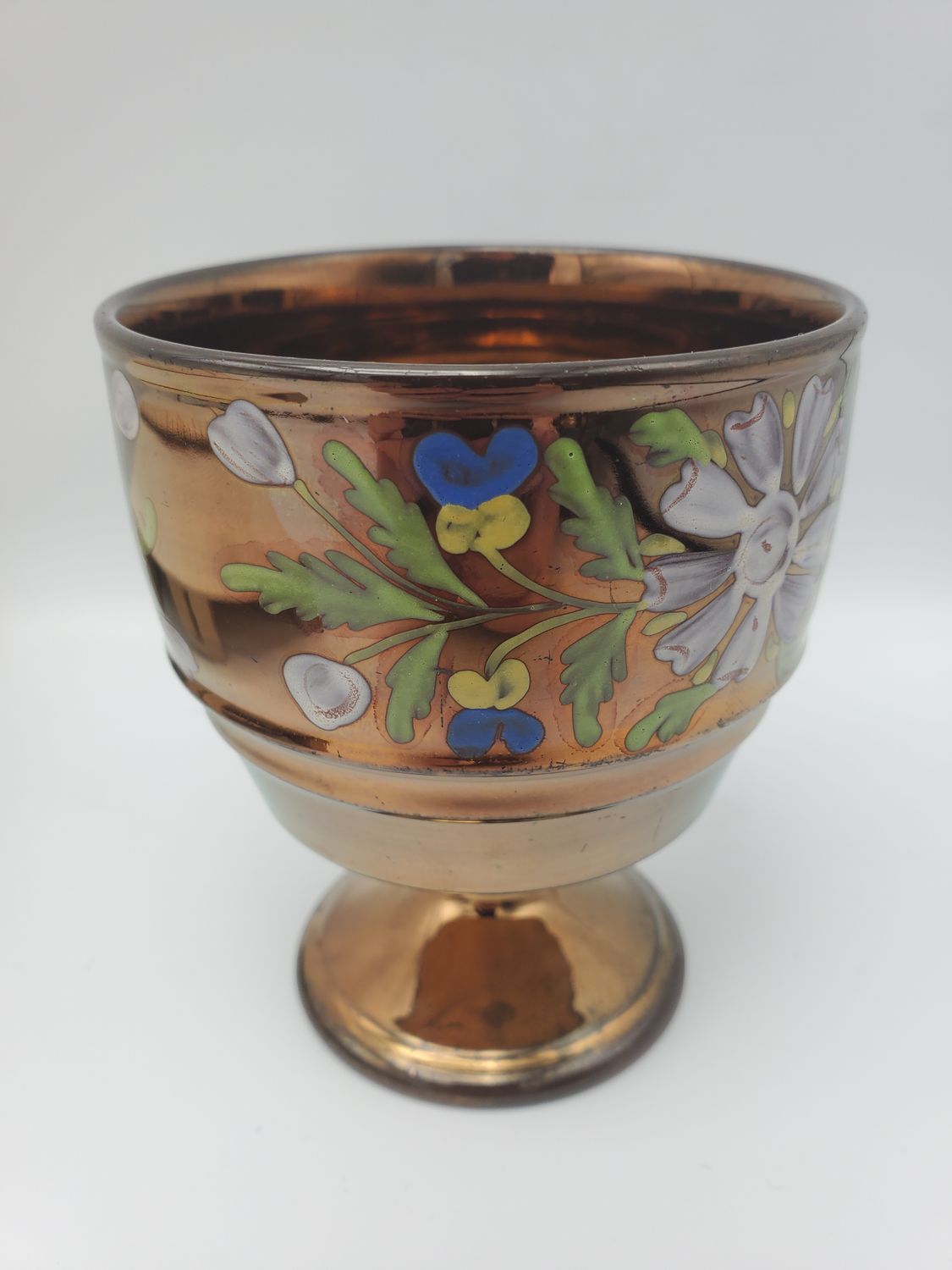Hand-Painted Floral Copper Lustreware Antique Chalice