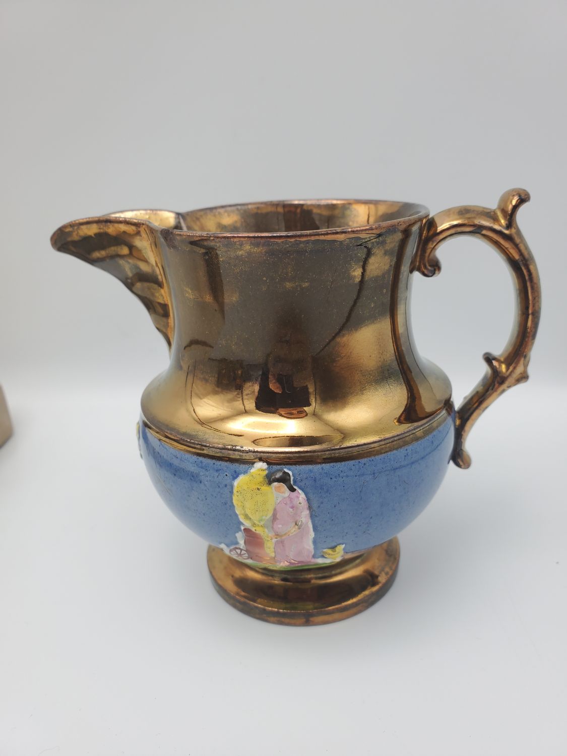 Antique English Copper Lusterware Couple Relief Cream Pitcher
