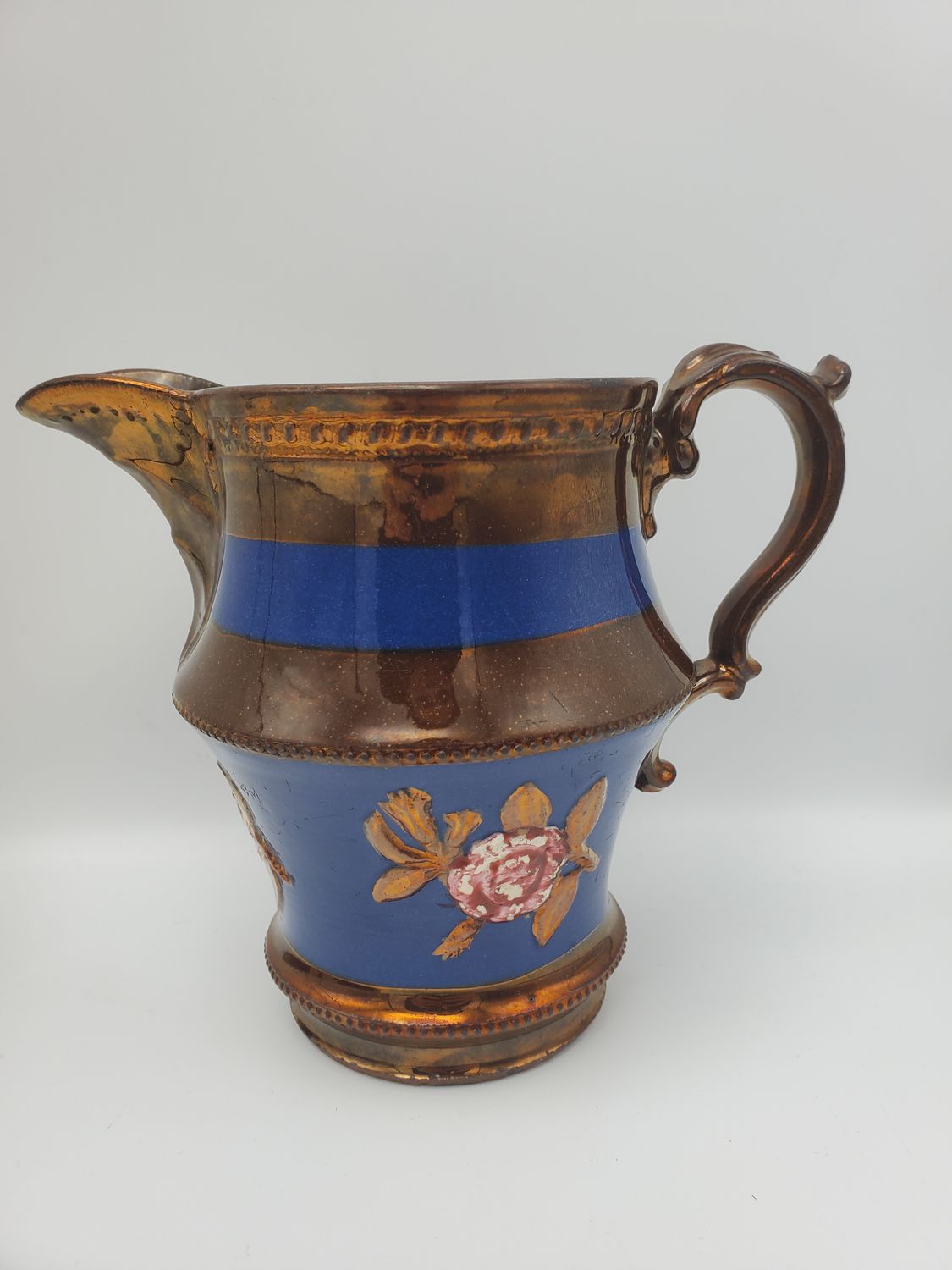 Antique English Copper Luster Raised Rose Pitcher