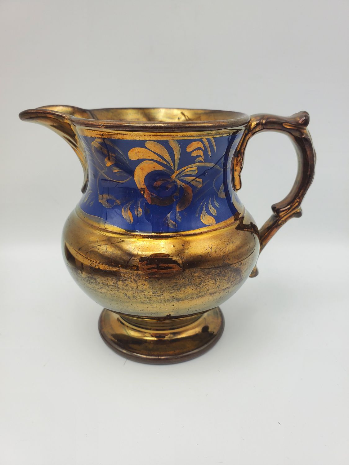 Copper Antique Victorian Lustre Cobalt Leaf Pitcher