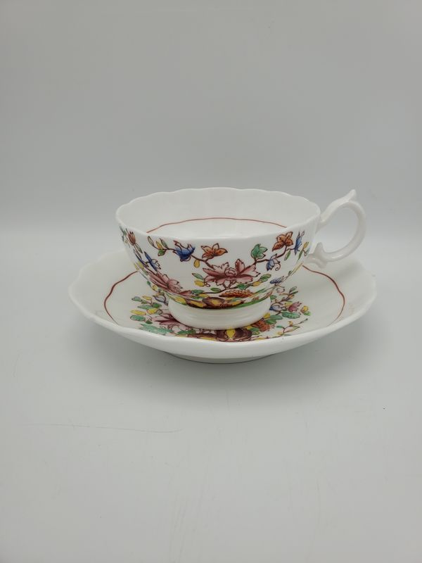 White with Multi-Color Flowers Vintage Teacup &amp; Saucer