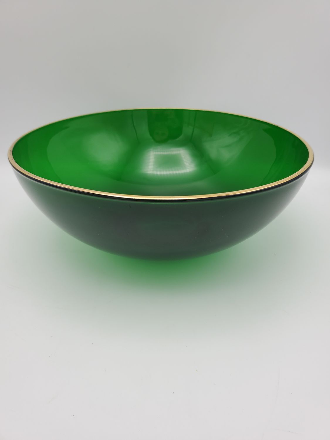 Green glass bowl, gold trim