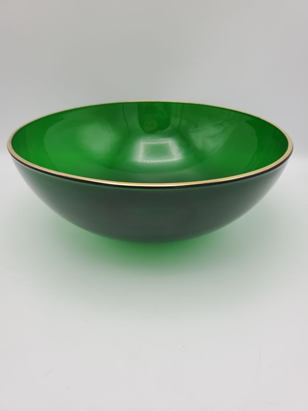 Green glass bowl, gold trim