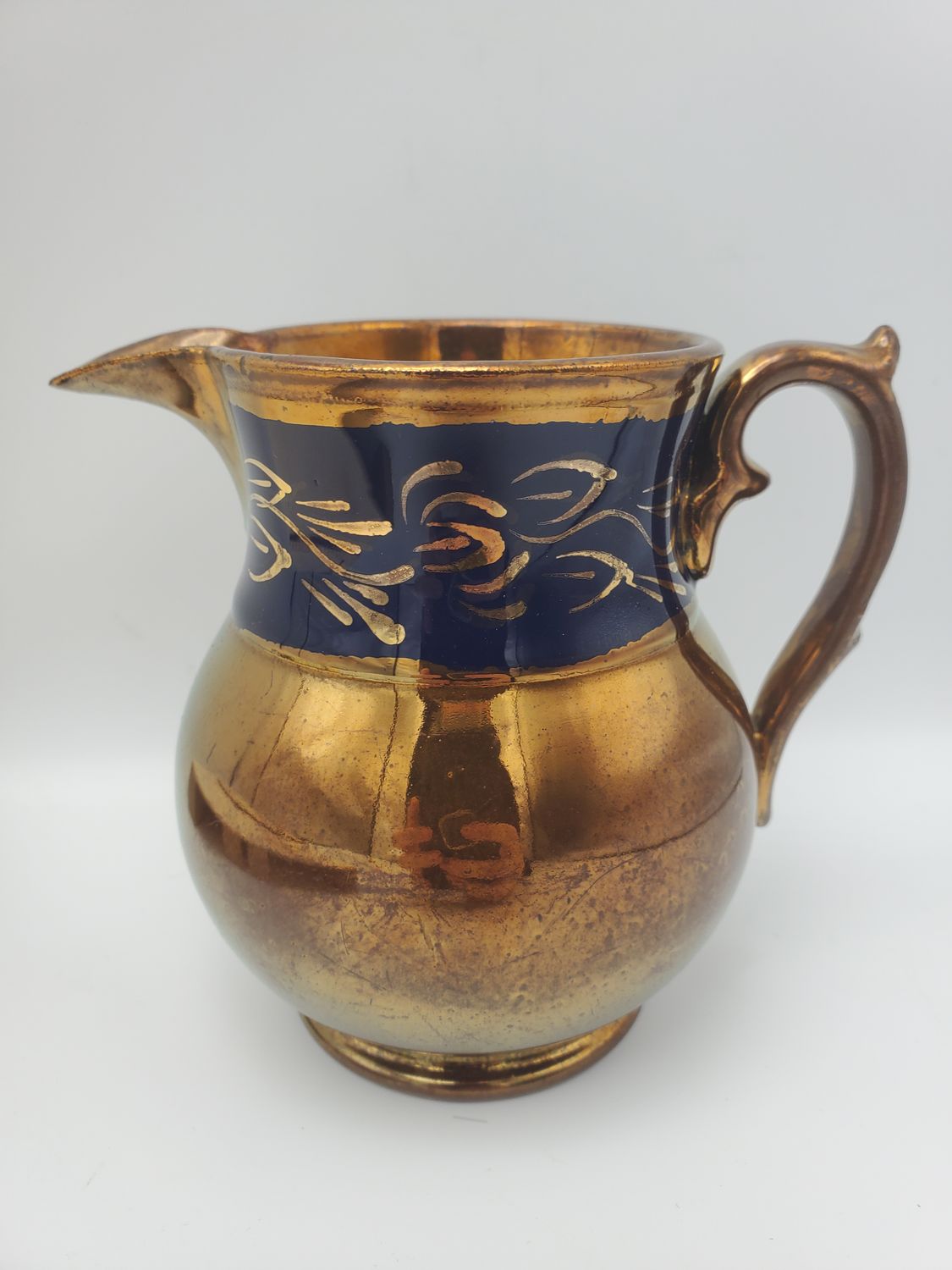 Copper Lustreware Pitcher with Cobalt Band &amp; Scrolls