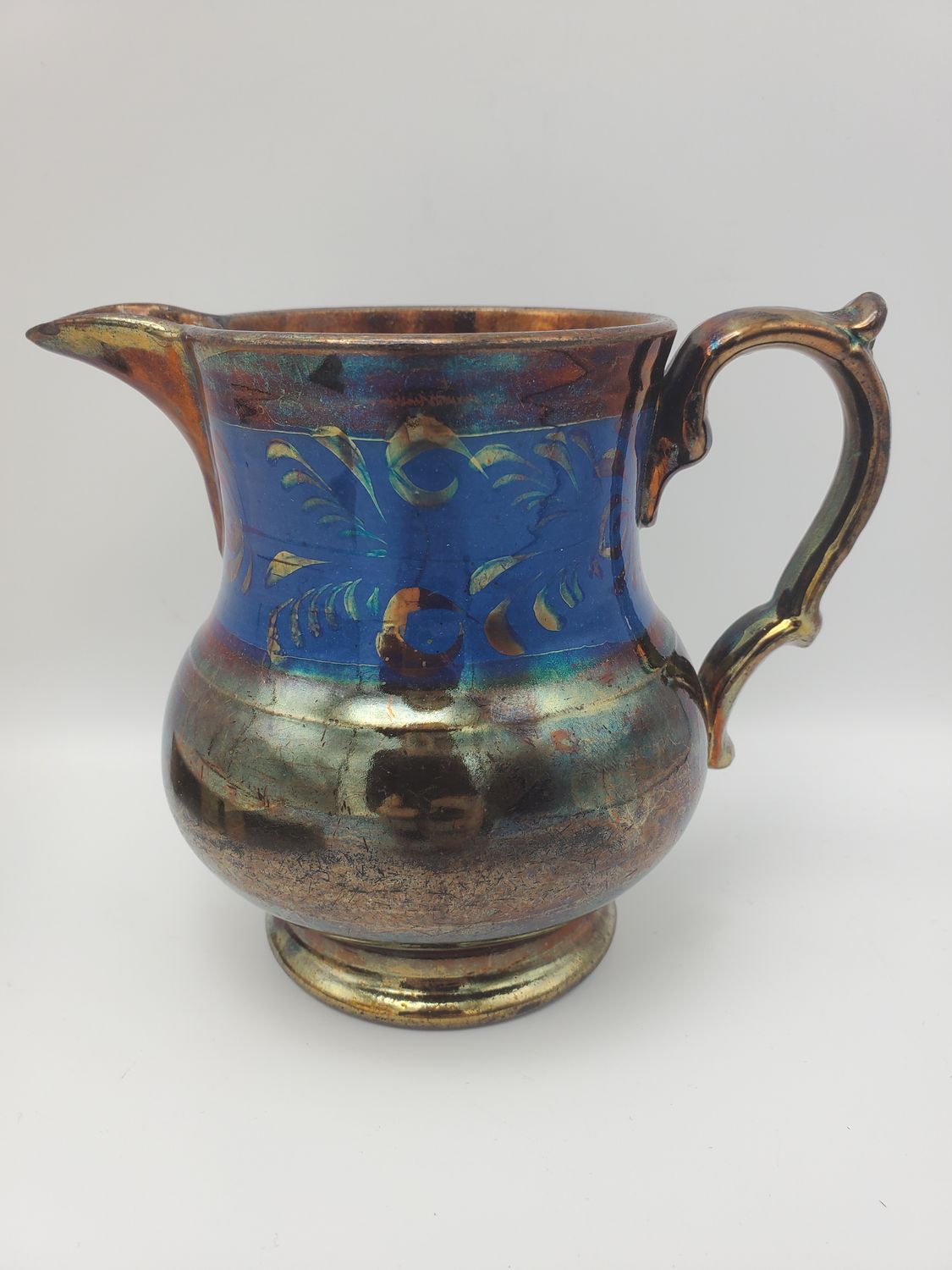 Victorian Copper-Lustre Pitcher with Cobalt Band &amp; Gilt Scrolls