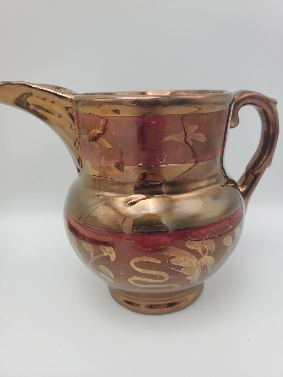 Victorian Copper Lusterware Creamer with Pink Bands &amp; Gilt Scrolls