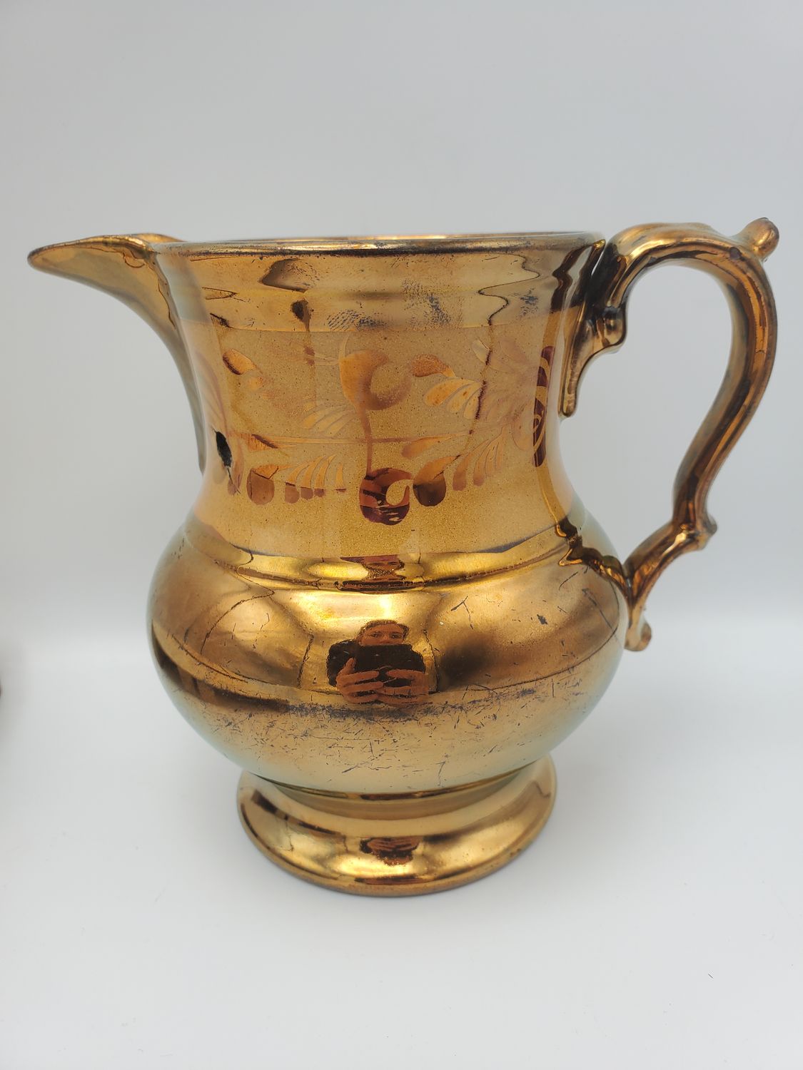 Hand-Painted Tan Floral Scrolls Victorian Copper Lusterware Creamer