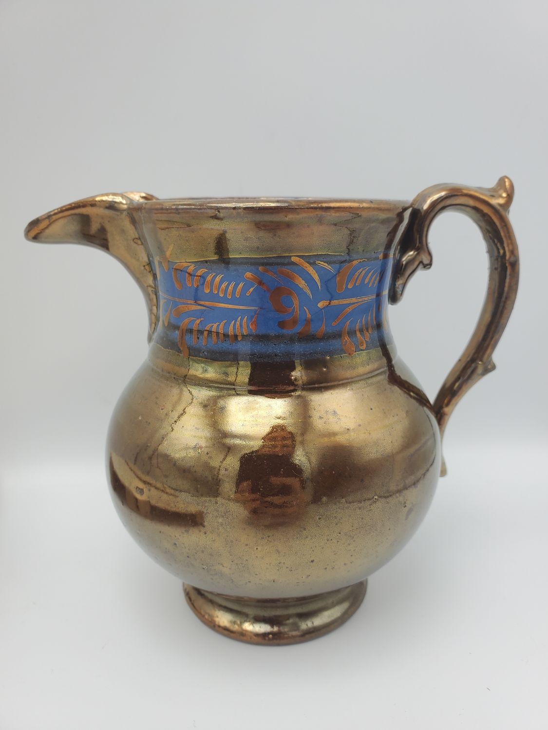 Victorian Copper Lusterware Cobalt Blue Fern Band Pitcher