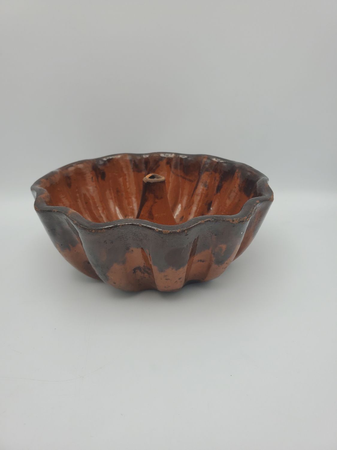 Redware Vintage Fluted Gugelhupf Cake Mold w/ Central Chimney
