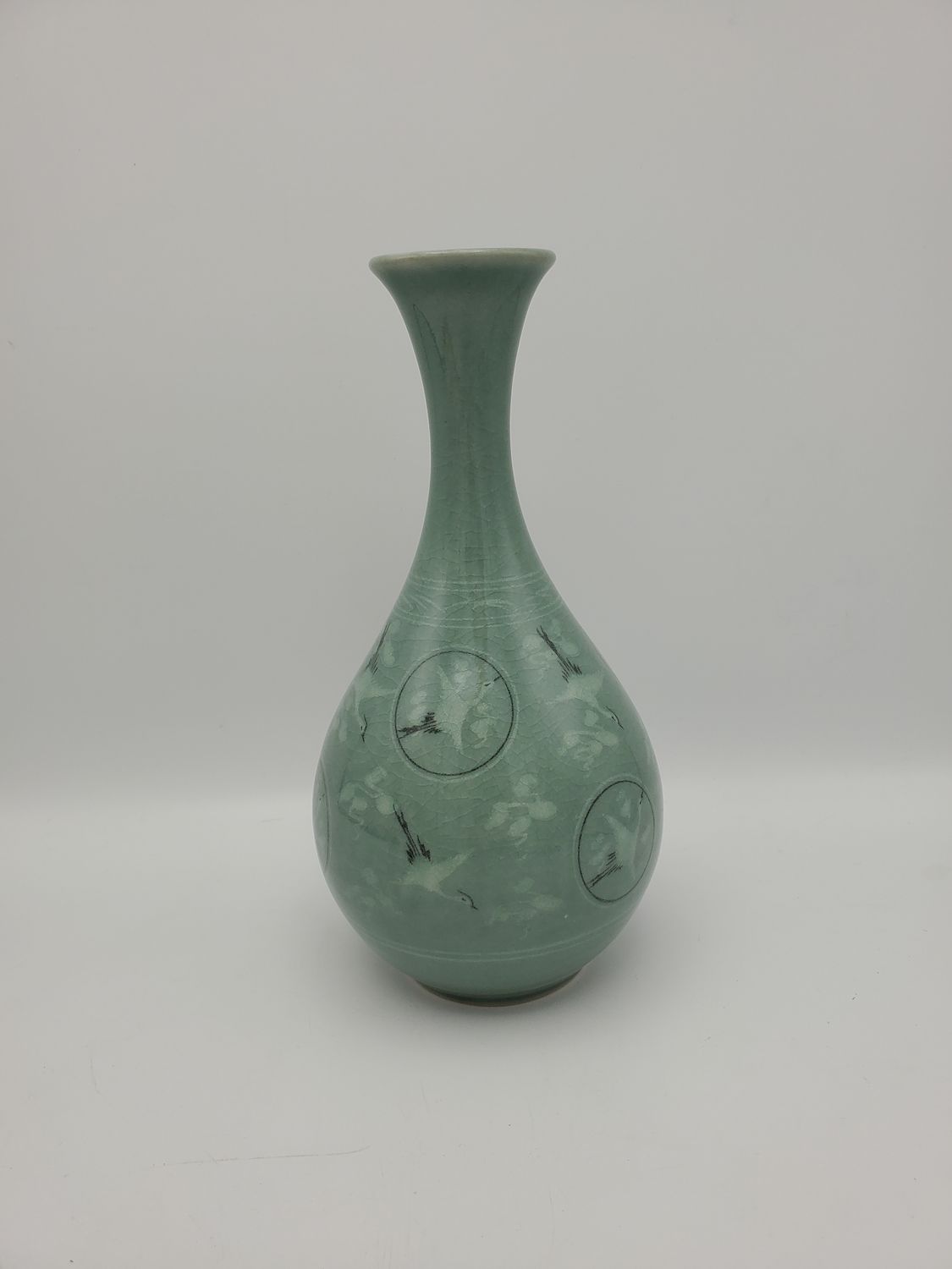 Signed Celadon Glazed Vase with Cranes and Clouds