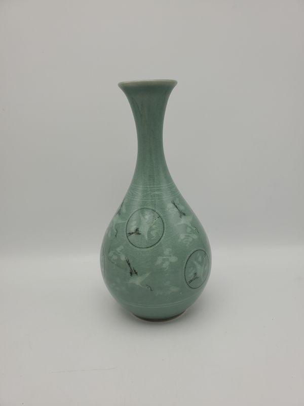 Signed Celadon Glazed Vase with Cranes and Clouds