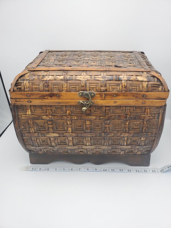 Large Vintage Woven Bamboo &amp; Wood Storage Chest