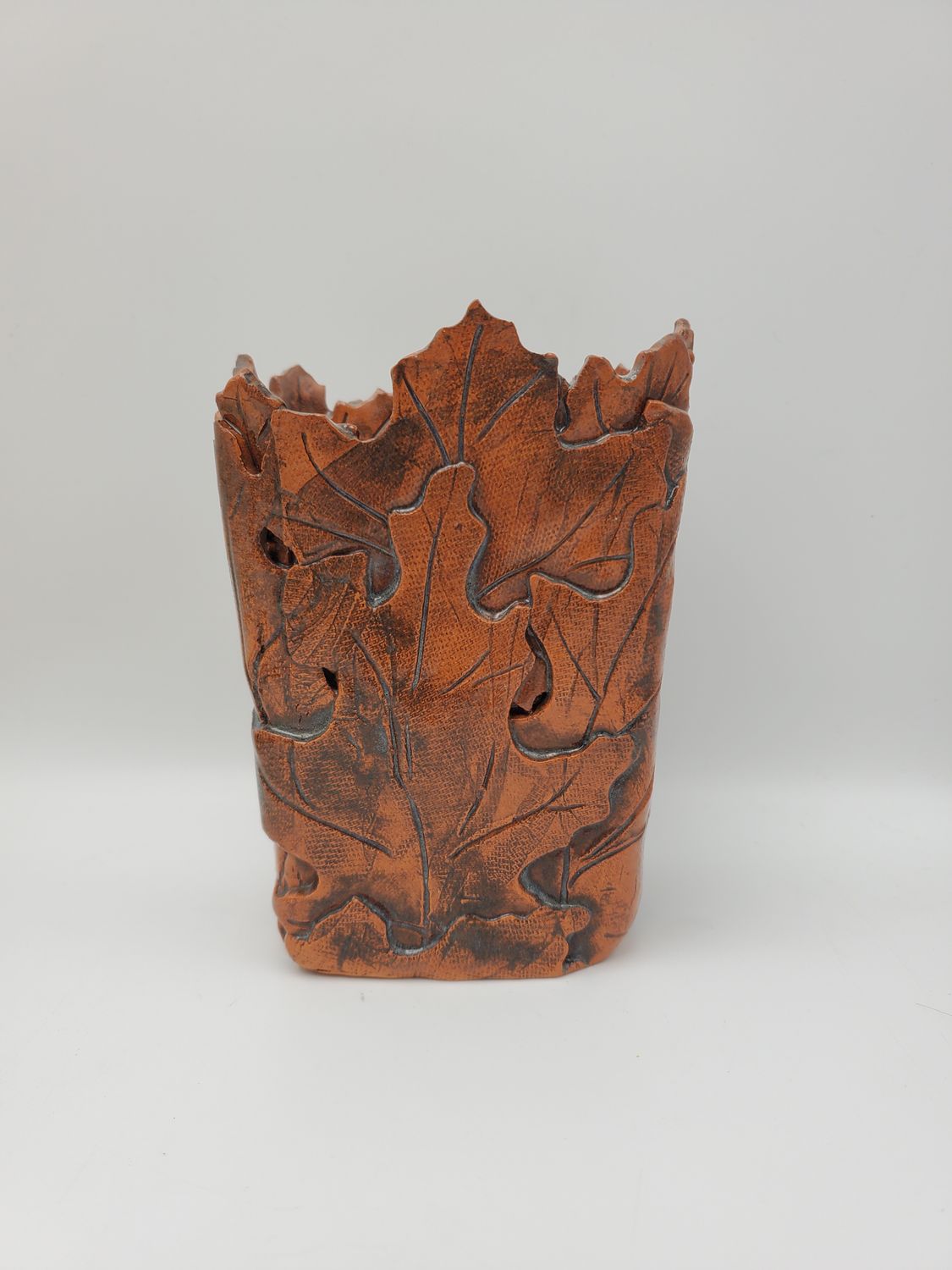 Handcrafted Signed Pottery Leaf Motif Vase