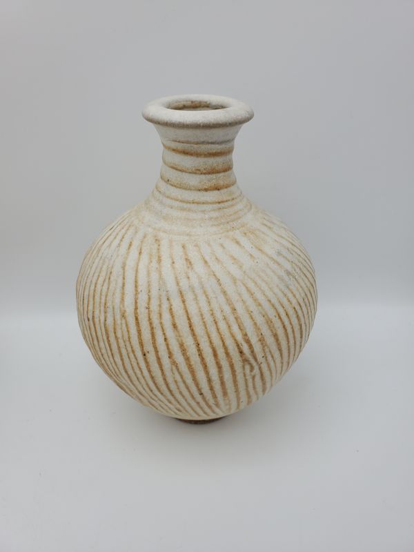 Cream &amp; Rust Ribbed Signed Vase