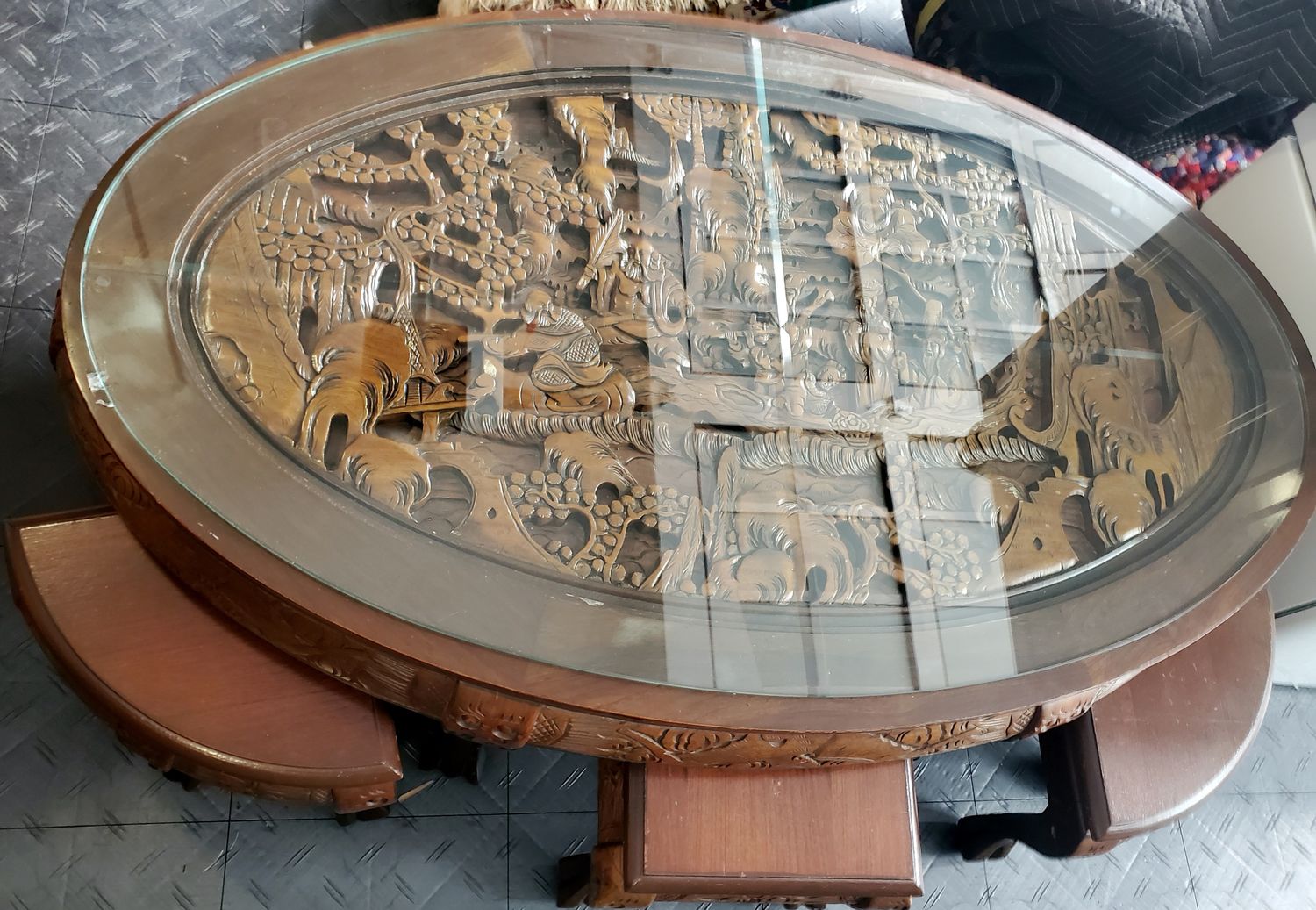 Asian Motif Hand-Carved Coffee Table w/ 6 Nesting Stools