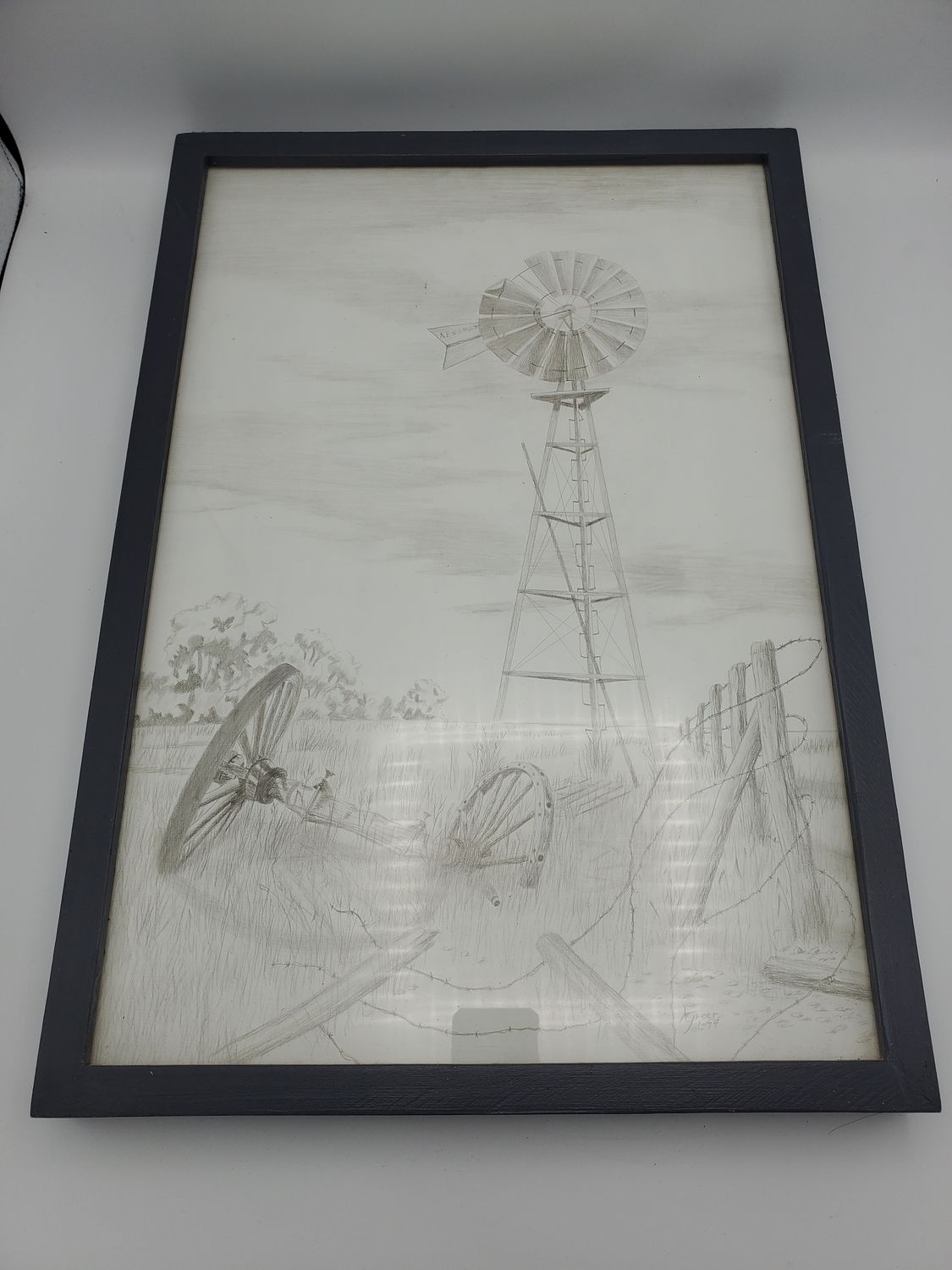 Pencil Sketch Windmill &amp; Wagon Wheels