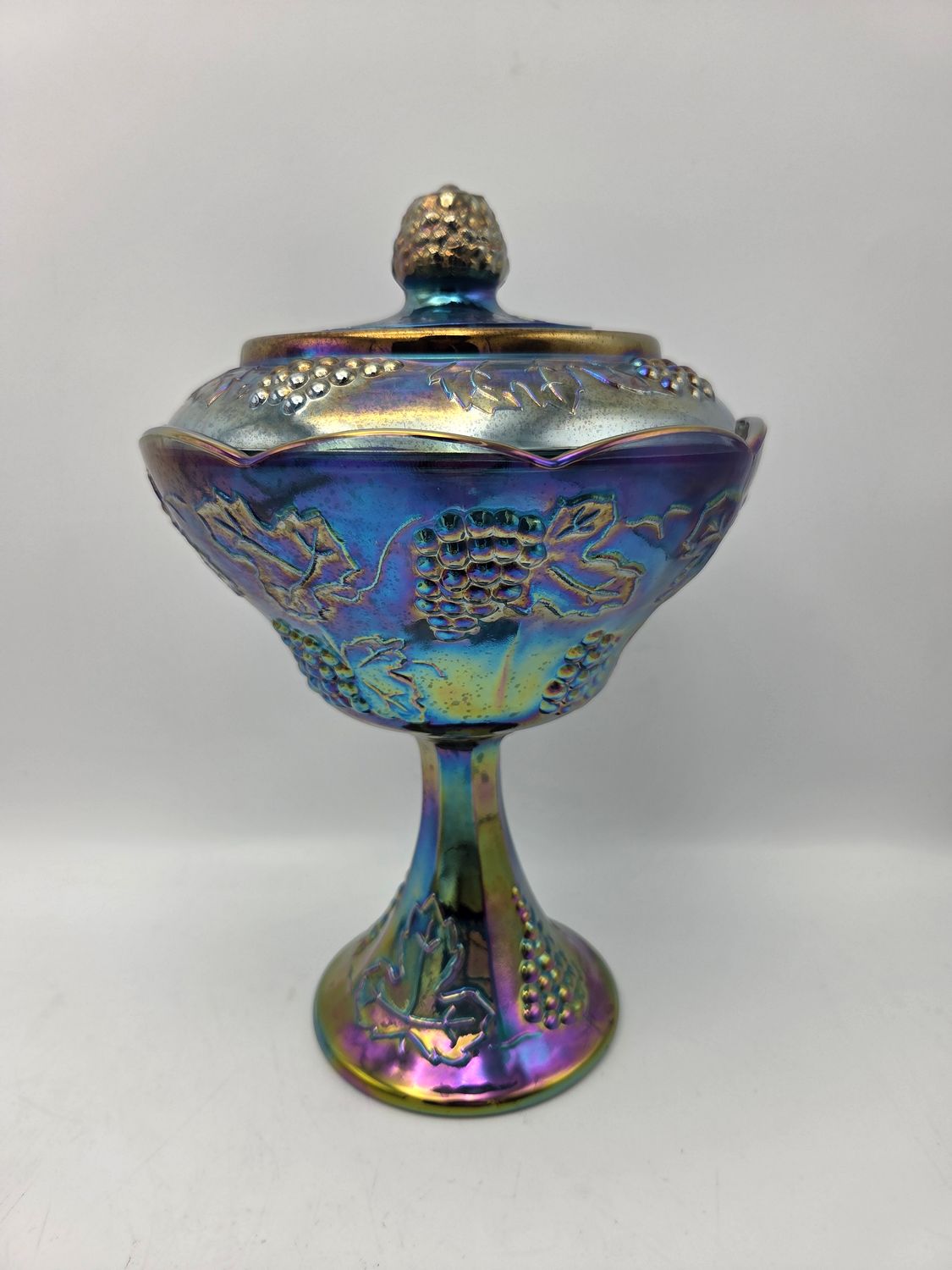 Blue Iridescent Harvest Grape Pattern Carnival Glass Covered Compote