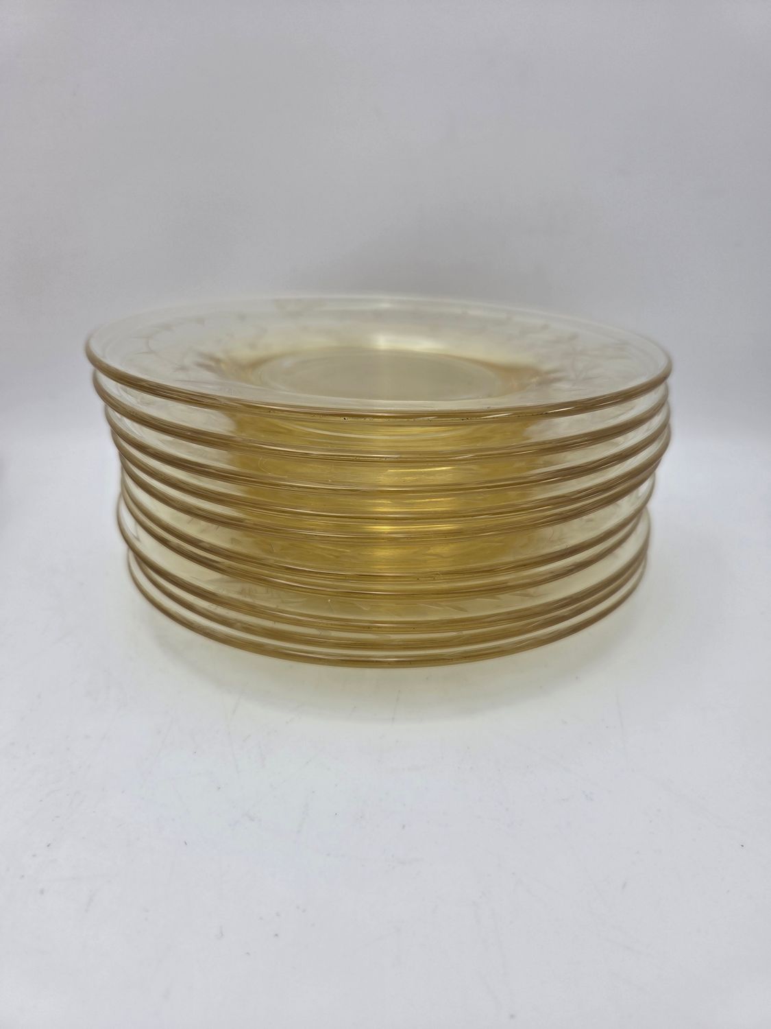 Set of 10 Vintage Etched Yellow Glass Saucers / Bread &amp; Butter Plates – 6"