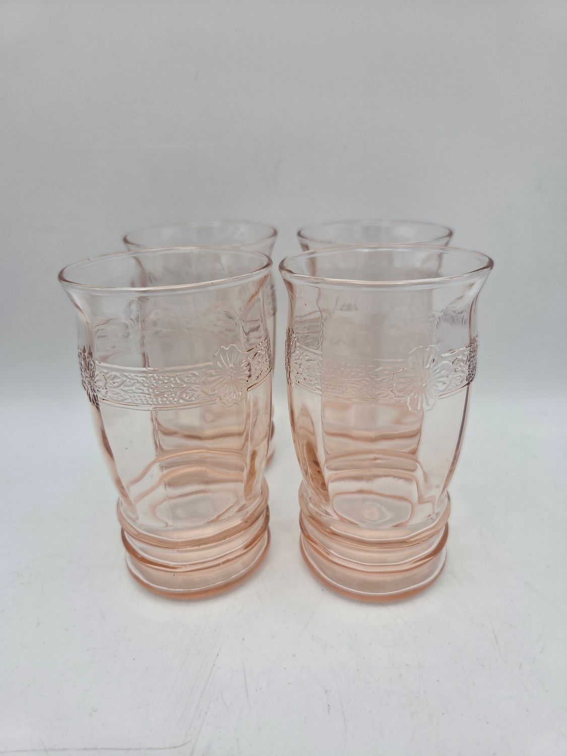 Vintage Pink Depression Glass Floral Band Tumblers – Set of 4