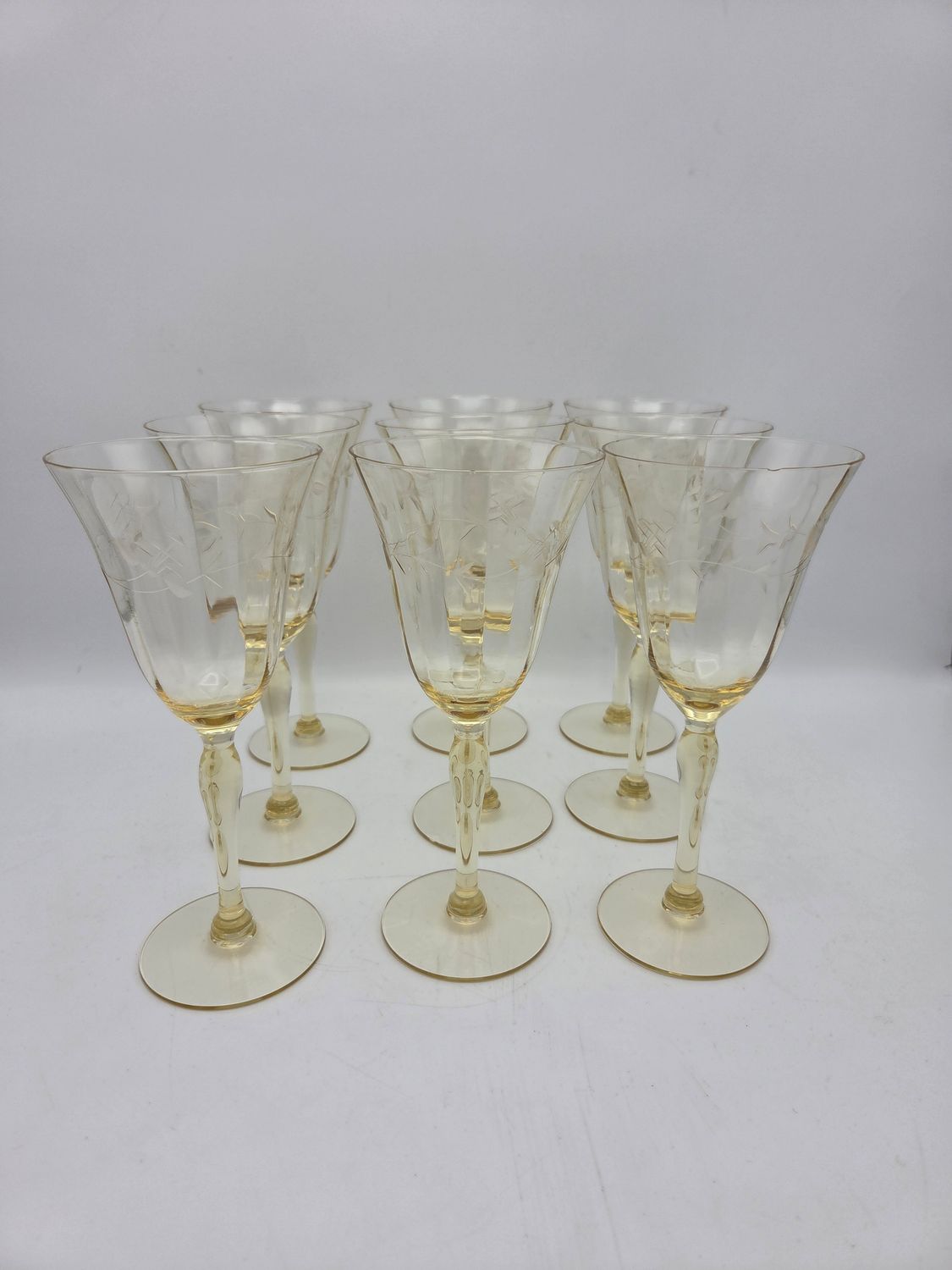 Vintage Etched Pale Yellow Wine Goblets, Set of 9