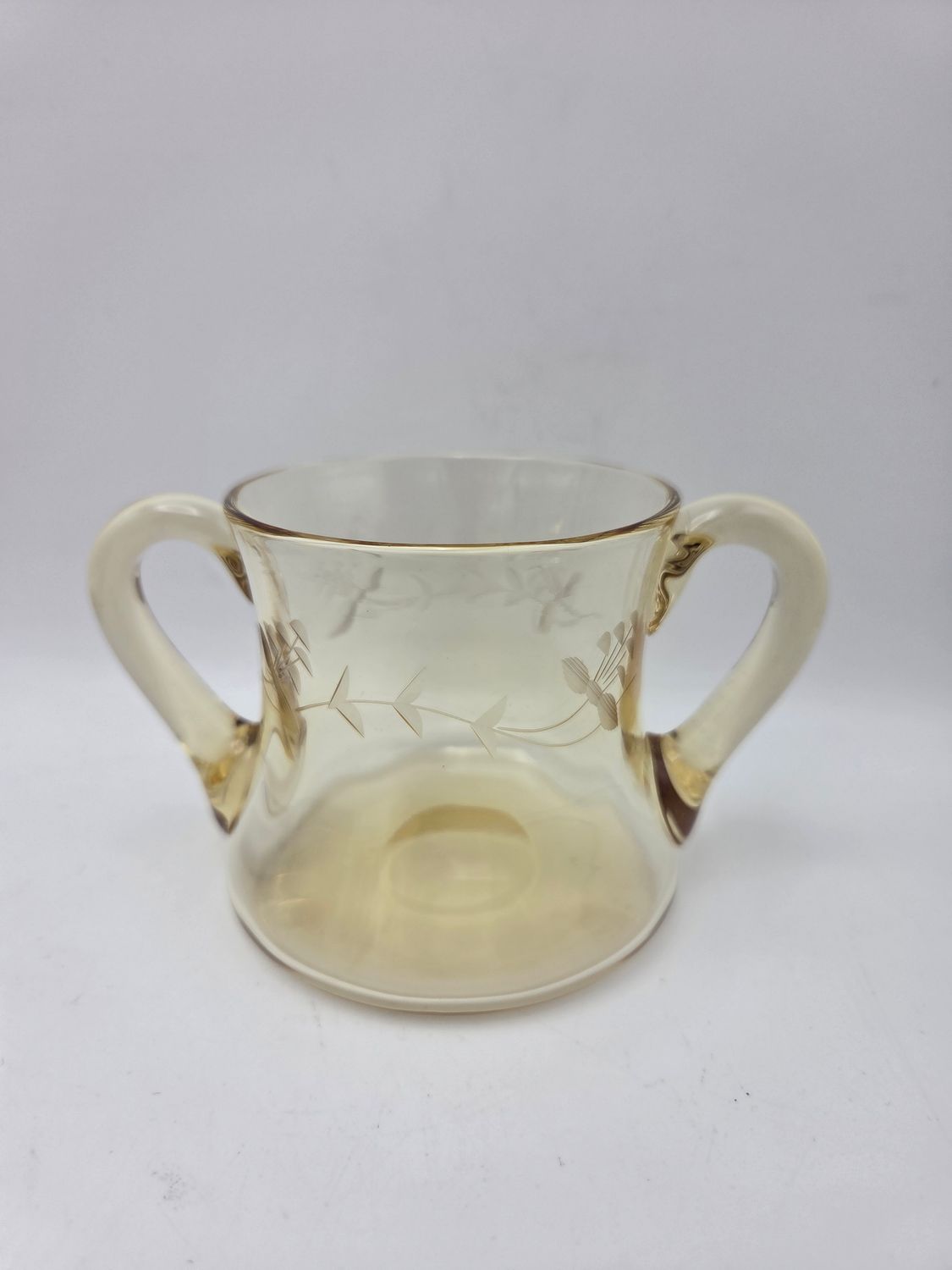 Vintage Etched Amber Double-Handled Glass Cup