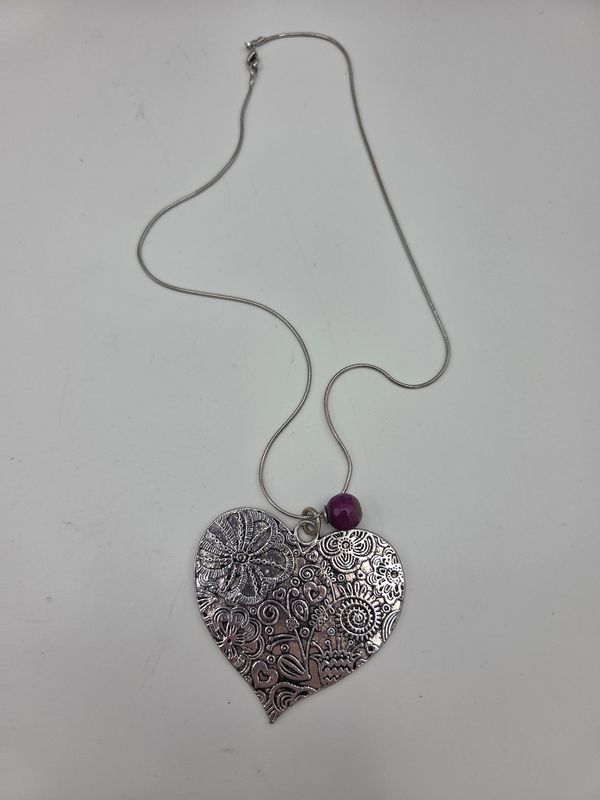 Flrl Etched Heart Pendant Necklace