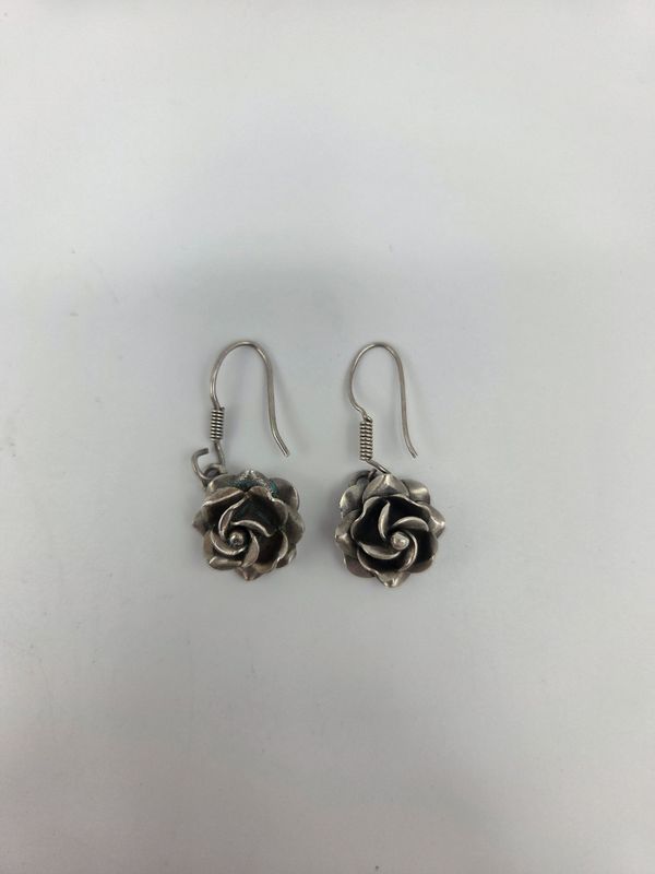 Silver Rose Flower Dangle Earrings