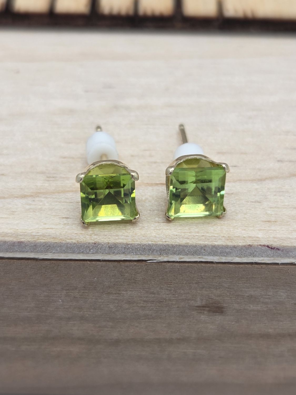 Princess-Cut Green Glass Stud Earrings