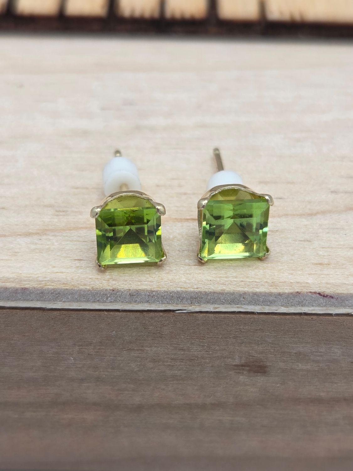 Princess-Cut Green Glass Stud Earrings