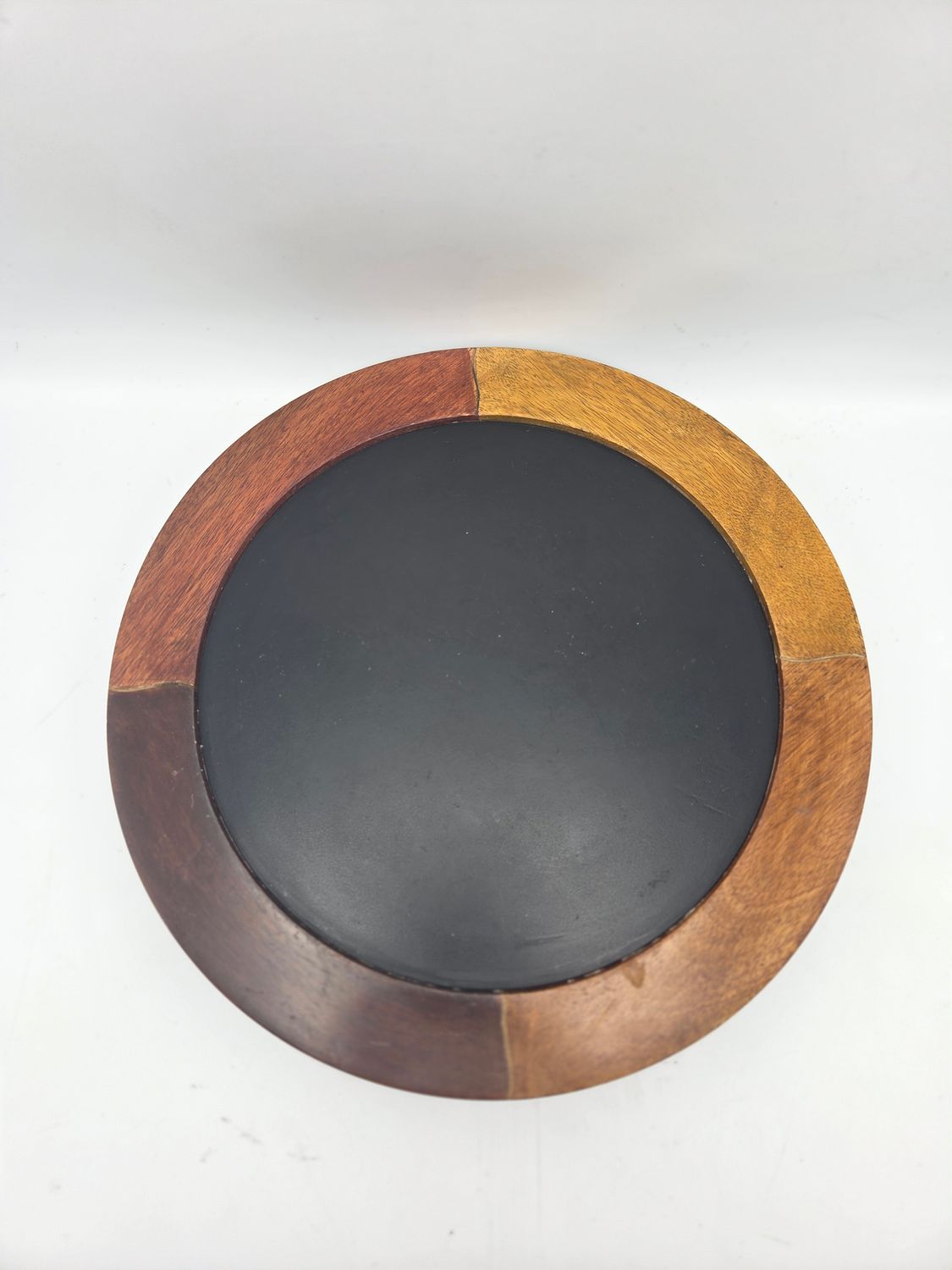 13” Round Wood &amp; Black Serving Tray